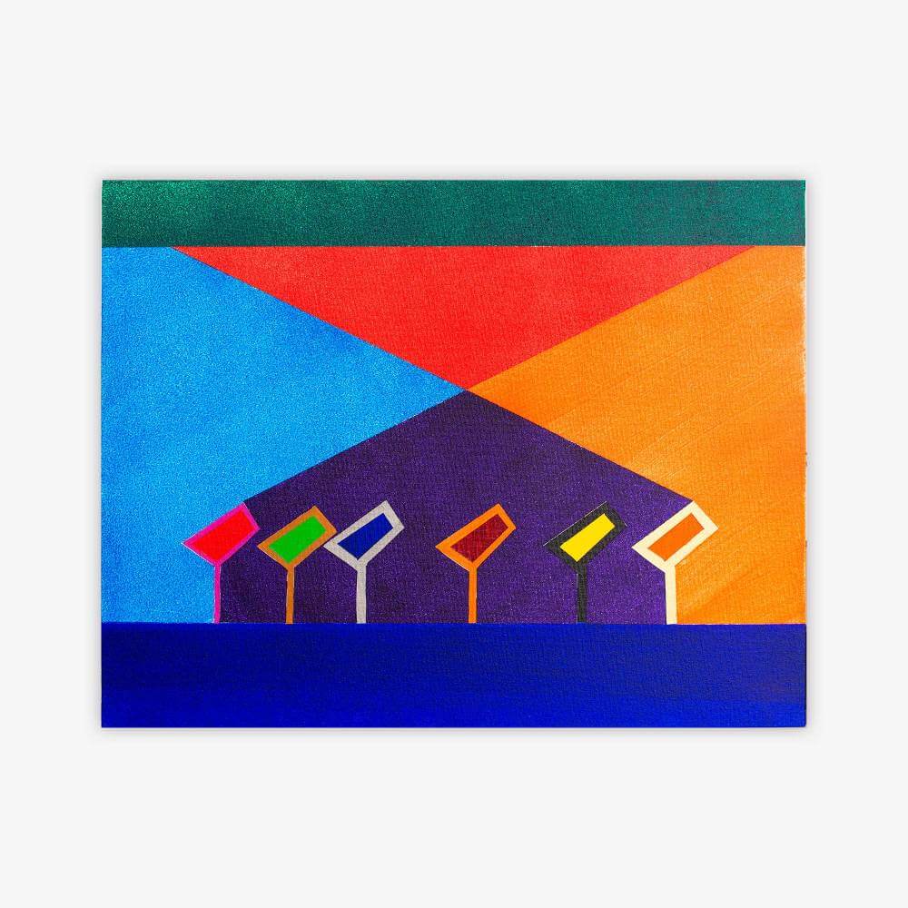 Painting by artist Lee Papierowicz titled "Best Aunt and Uncle in the World" with colorful geometric shapes in shades of blue, red, purple, and yellow.