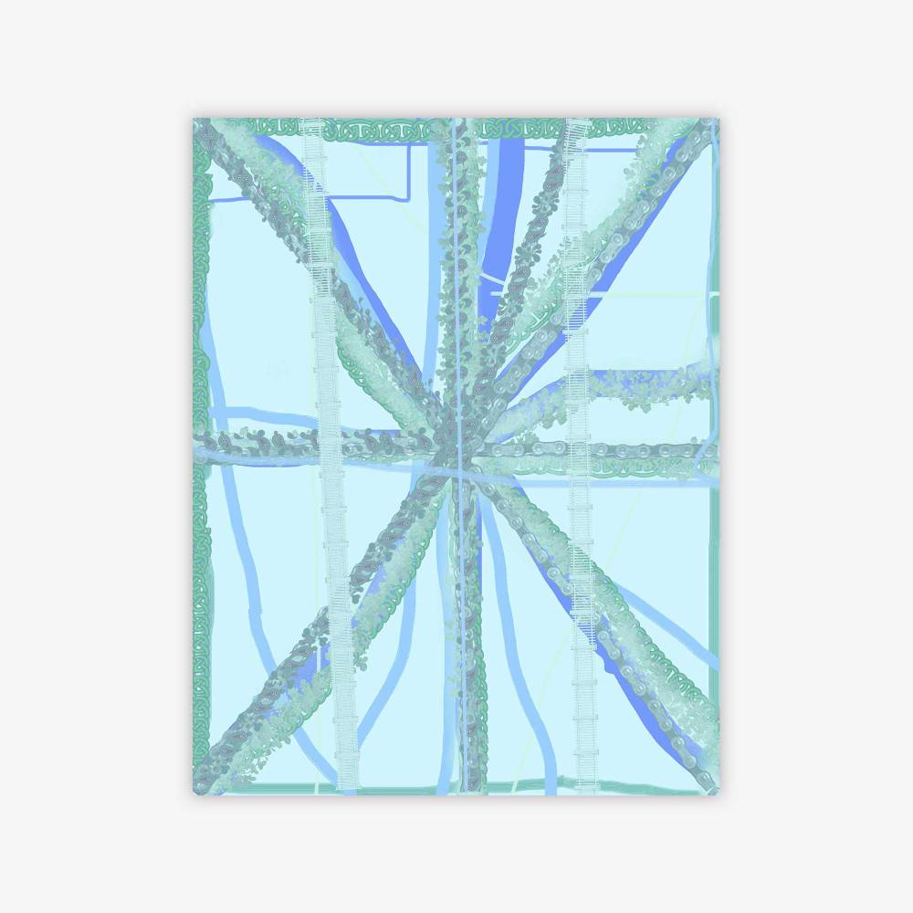 Abstract painting by artist James Lane titled "Blue" featuring linear design in shades of blue.