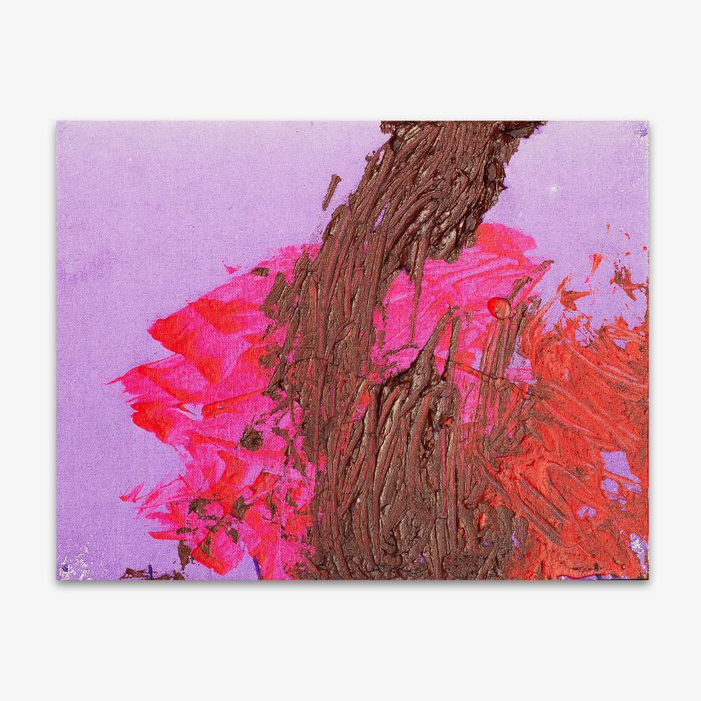 Abstract painting by artist Amy Myers titled "Butterflies in Spring" with pink, red, and maroon pattern on lavender background.