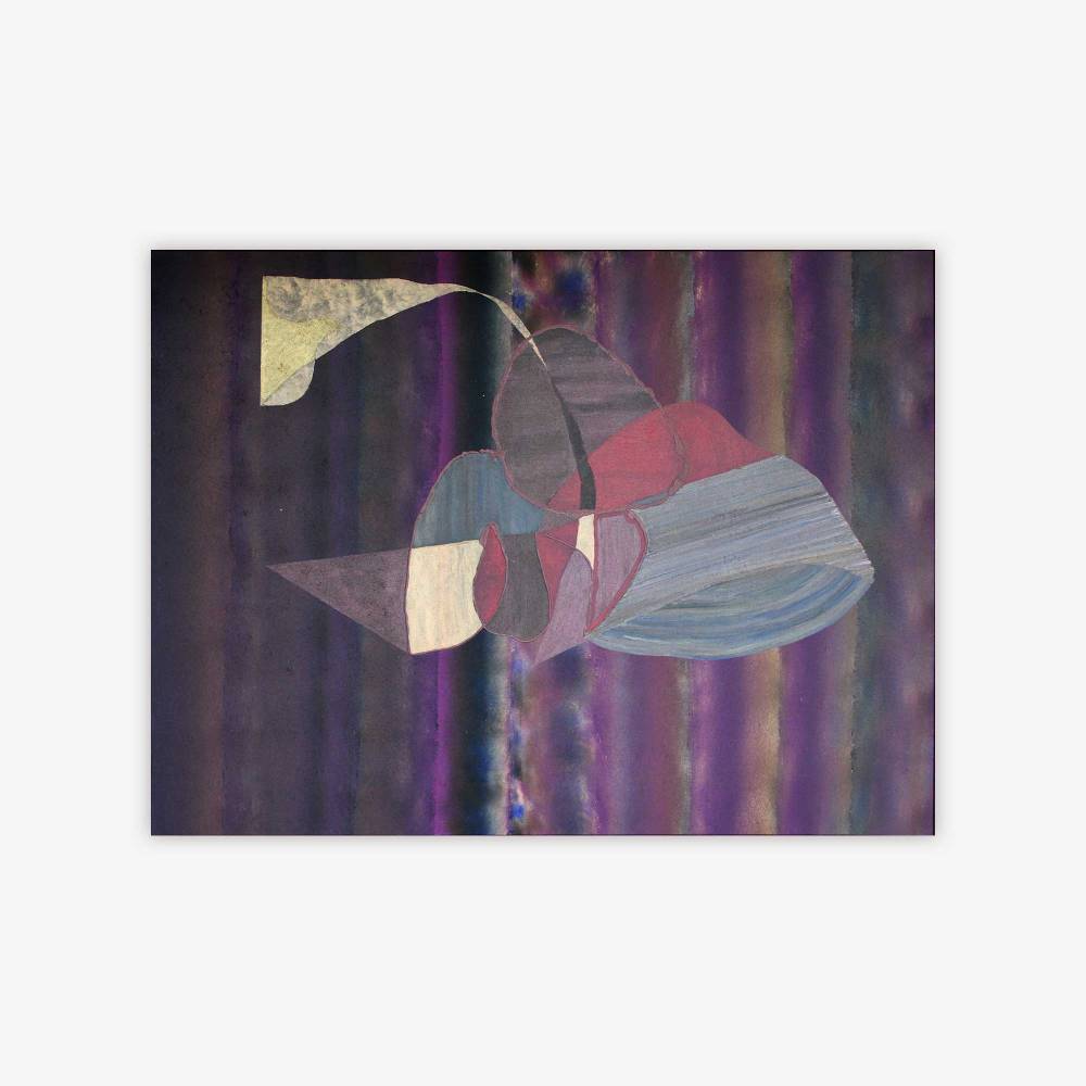 Painting by artist Chet Cheesman titled "Chet, a Self-Portrait" featuring amorphous shapes and patterns with purple and pink color palette.