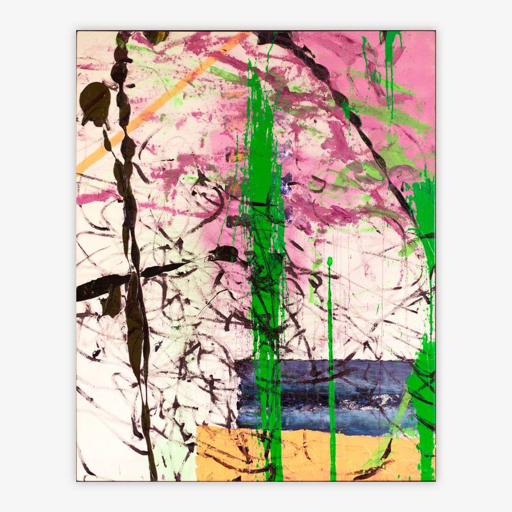 Abstract painting by artist Yasin Reddick titled "Cool" with shapes and pattern in shades of pink, green, blue, yellow, and black on a white background.