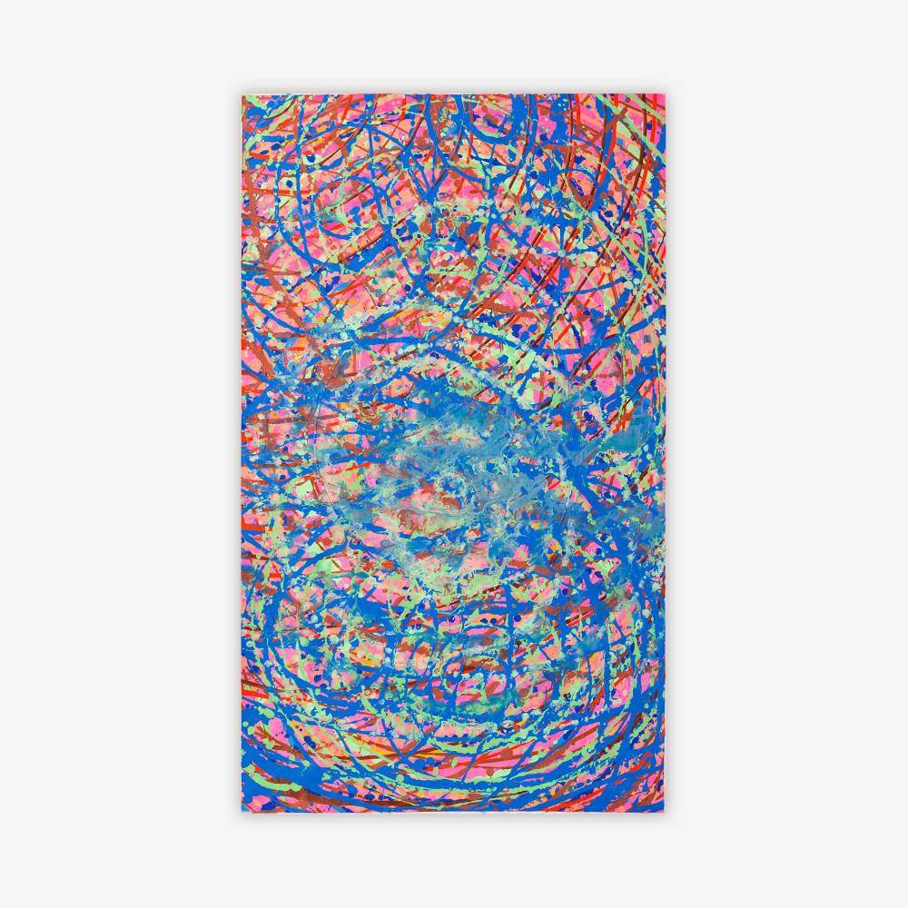 Abstract painting by artist Jessica Evans titled "Determination" featuring intricate linear pattern with swirls in shades of pink, blue, green, and red.