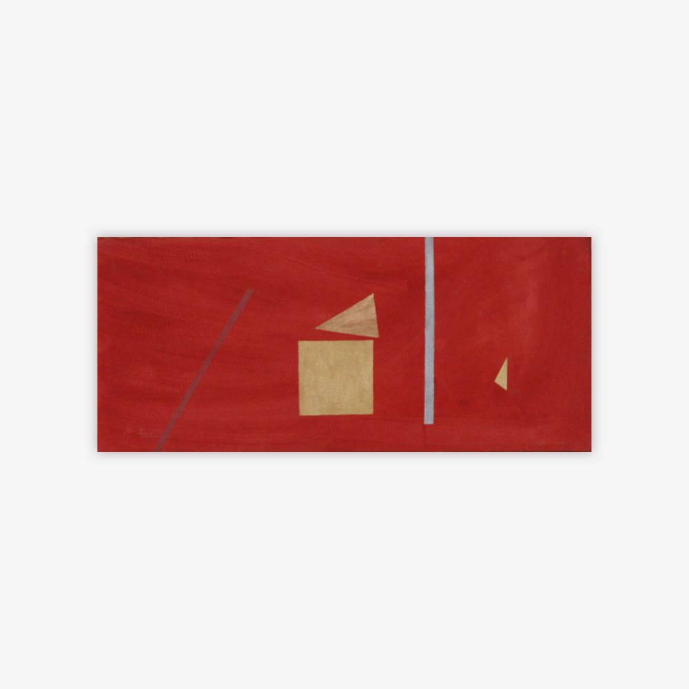 Painting by artist Ellen Kane with silver and gold geometric shapes on a red background.