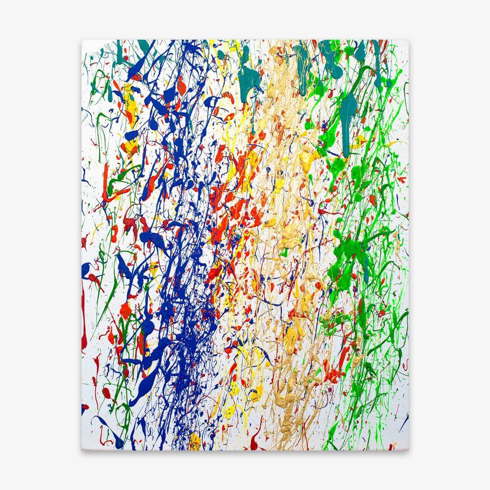 Abstract painting by artist Cheryl Chapin titled "Extreme Finger Flicking" with splatter and drip paint in shades of blue, yellow, red, and green against a white background.