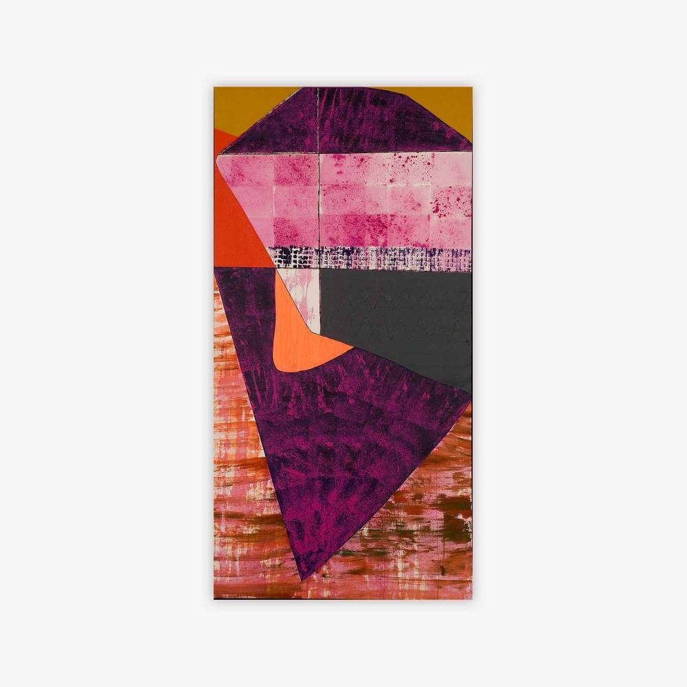 Painting by artist Cynthia Shanks titled "I Cannot Look Back" with variety of shapes and patterns in shades of purple, pink, orange, grey, mustard, and white.