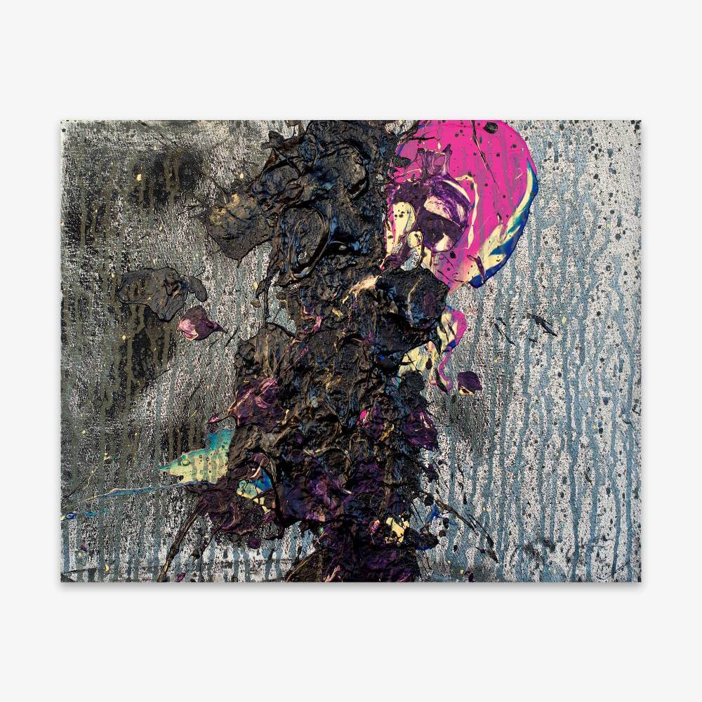 Abstract painting by artist Chet Cheesman titled "I Love Faith" with black, purple, blue and white splatter paint design on a lighter grey-blue background.