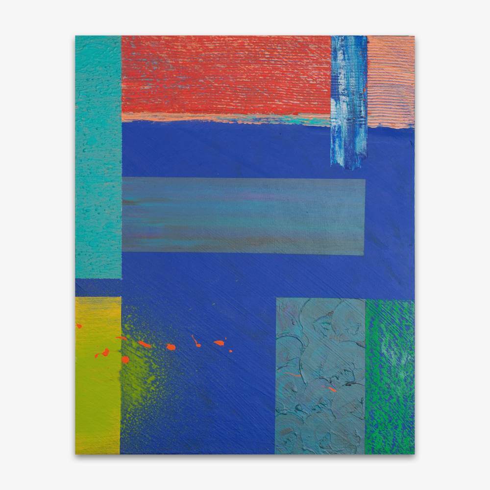 Abstract painting by artist Bari Kim Goldrosen featuring colorful rectangular shapes with pattern on a blue background.