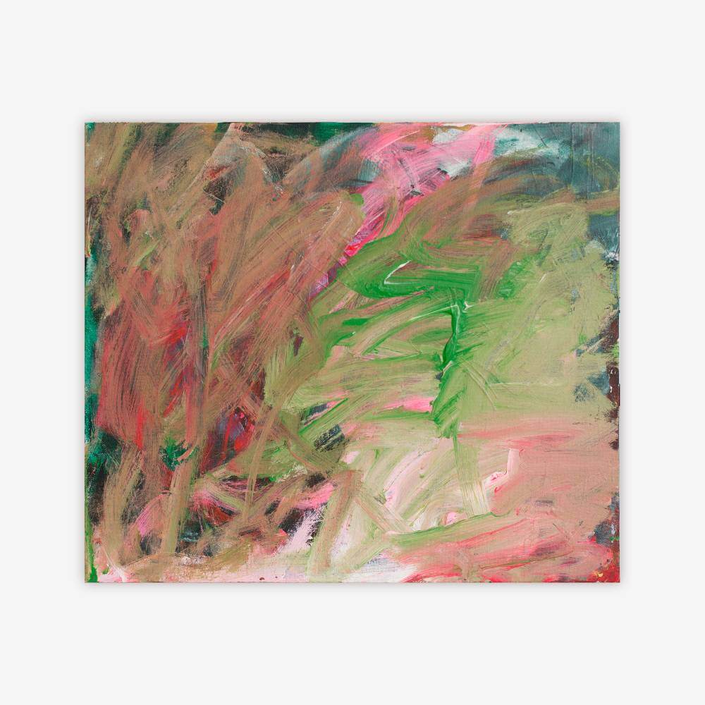 Abstract painting by artist Karen Frascella titled "Love" with design in shades of red, pink, green, blue, and white.