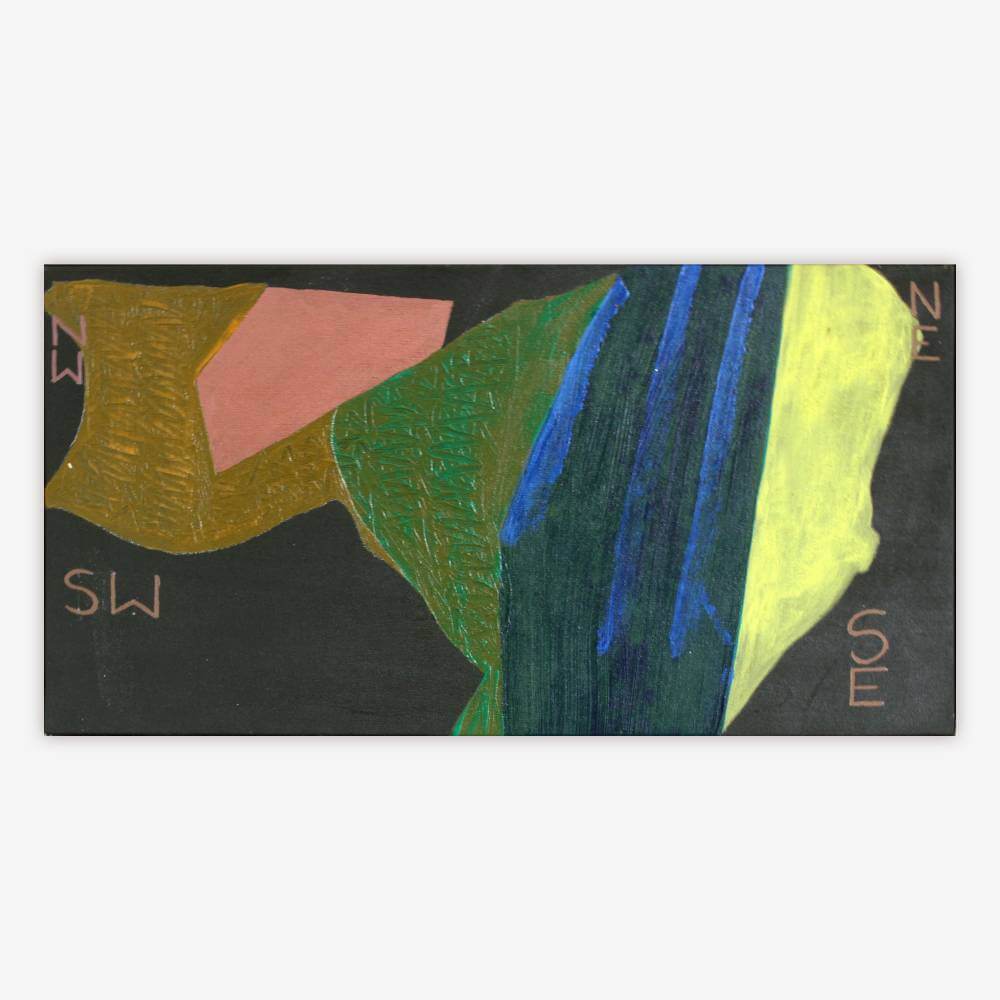 Painting by artist Dennis Bernhardt with shapes in shades of pink, green, yellow, and blue on a black background with letters indicating direction points.