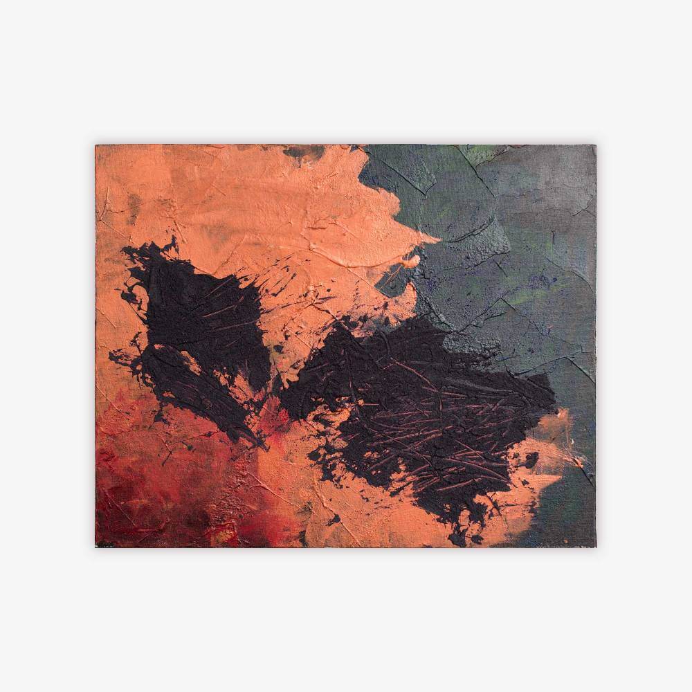 Abstract painting by artist Ellen Kane titled "Spirit" with amorphous shapes and pattern in shades of grey, black, red, and orange.