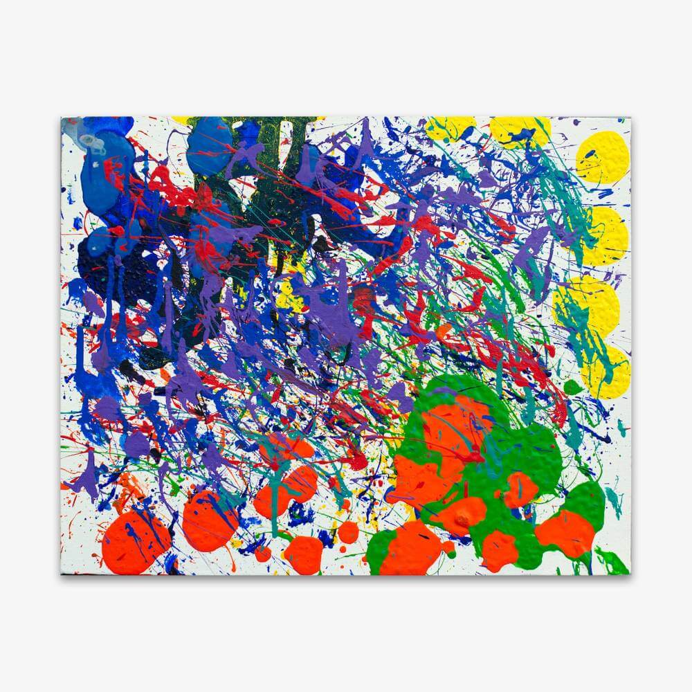 Abstract painting by artist Cheryl Chapin titled "Splatter and Drip" with colorful splatter paint design on a white background.