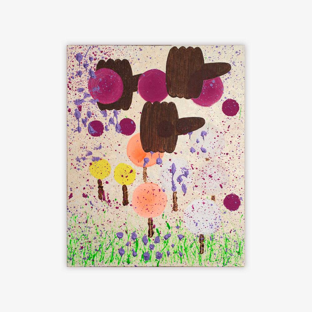 Painting by artist Tammy Heppner titled "Deers Dancing in the Park" with shapes and pattern including splatter in shades of brown, purple, yellow, blue, and green suggestive of nature.