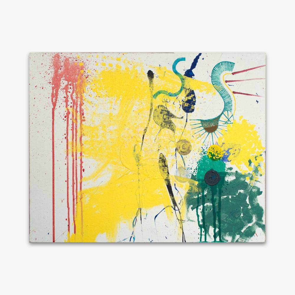 Abstract painting by artist Ellen Kane titled "The Good Samaritan" with variety of shapes and pattern in shades of yellow, blue, and pink on a white background.