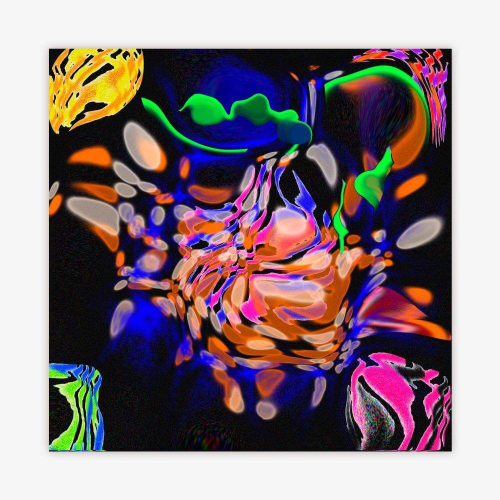 Abstract painting by artist Cheryl Chapin titled "The Ink Fish" featuring colorful shapes in shades of yellow, orange, blue, green, and pink on a black background.