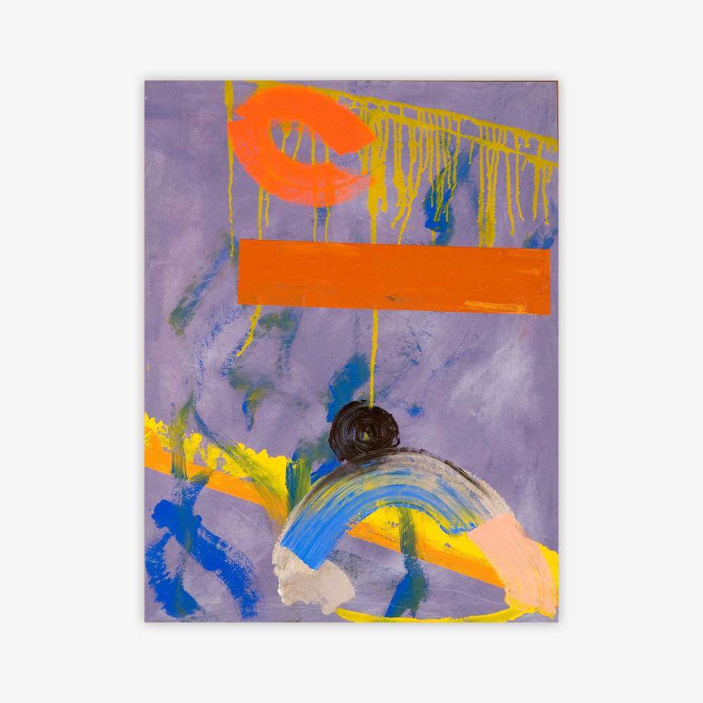 "Untitled" abstract painting by artist Annie Paloff with orange, yellow, black, and blue shapes and pattern on a purple background.