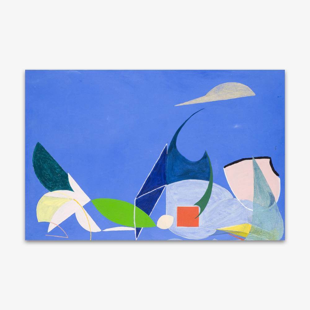 "Untitled" painting by artist Chet Cheesman featuring shapes of varying colors against a bright blue background.