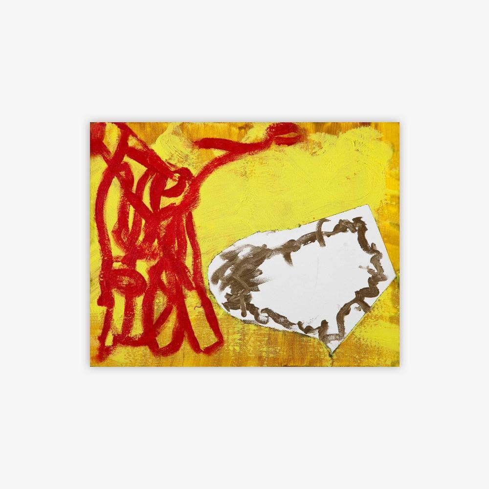 "Untitled" abstract painting by artist Ellen Kane with shapes and pattern in red, white, and grey on a yellow background.