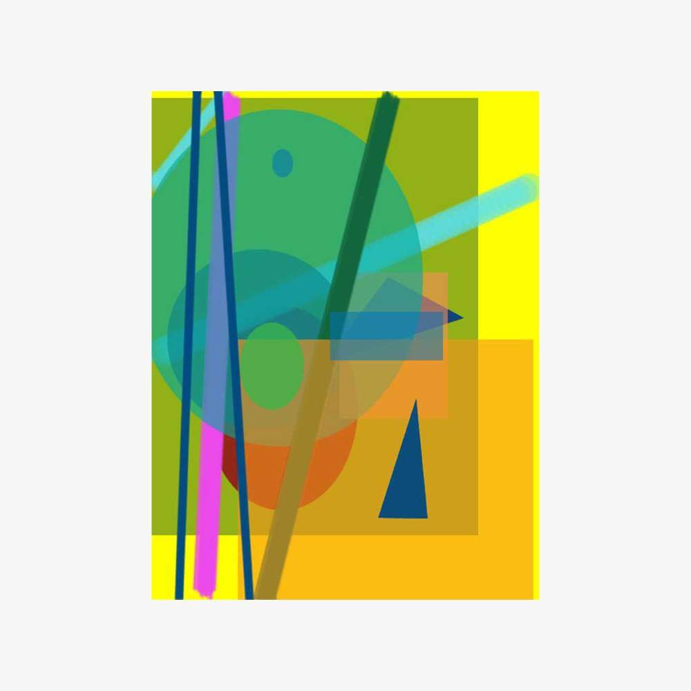 Abstract "Untitled" painting by artist Hassan Daughety featuring geometric shapes in shades of green, blue, orange, yellow, and purple.