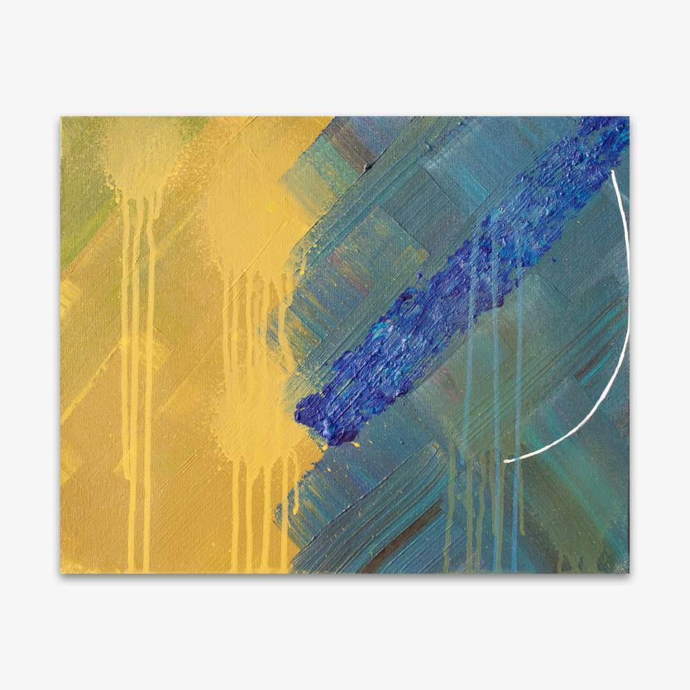 "Untitled" abstract painting by artist Bari Kim Goldrosen featuring crisscross pattern and drip paint design in shades of gold and blue.