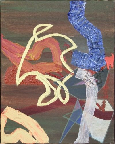 Abstract "Untitled" painting by artist James Lane featuring a variety of shapes in shades of blue, red, beige, and white on a dark background.