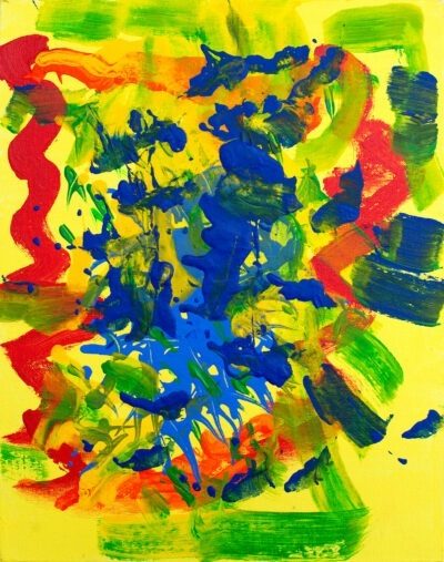 Abstract painting by artist Cheryl Chapin in vibrant shades of yellow, red, blue, and green.