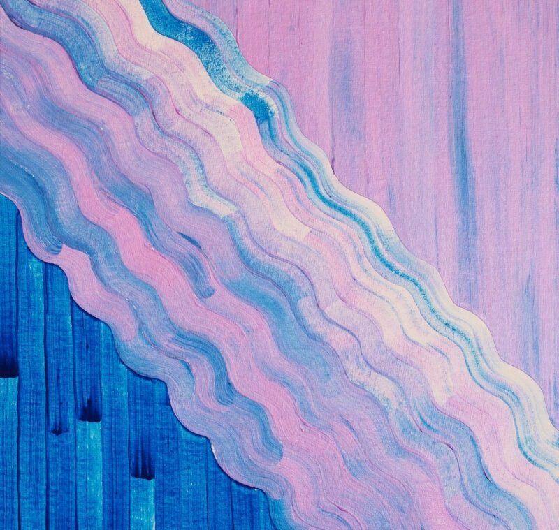 Cropped portion of an abstract painting by artist Cheryl Chapin titled "A River Runs Through It" in shades of blue, pink, and lavender.