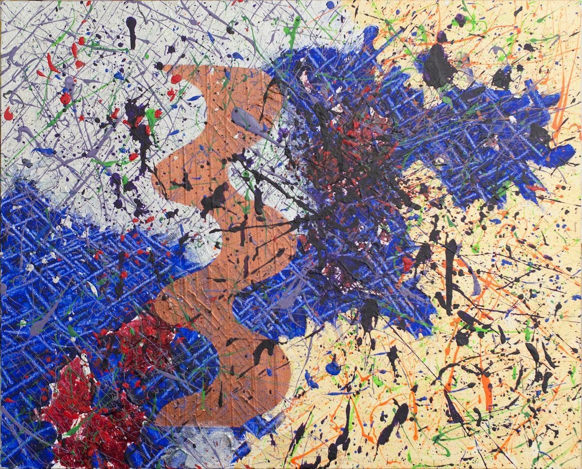 Abstract painting by artist Tammy Heppner featuring a design in shades of blue, red, and green with allover splatter.