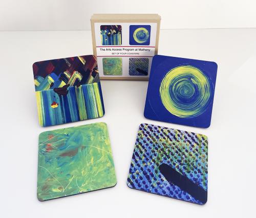 Arts Access coaster set based on artwork by program artists.