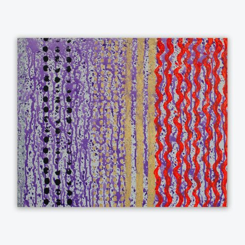 Abstract painting by artist Chet Cheesman titled "Chester is in Love with Faith" featuring linear patterns in red, lavender, beige, and black on a light blue background.