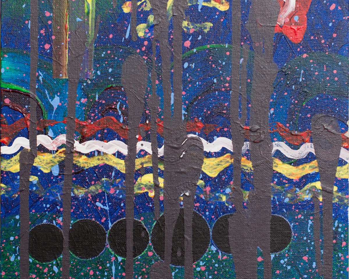 Cropped portion of abstract painting by artist Tammy Heppner titled "Rocket Ship" featuring colorful patterns, black circles, and splatter paint with blue background and yellow, red, white, and green accents.