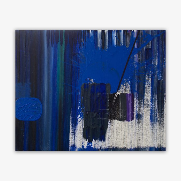 "Untitled" painting by artist Mike Martin featuring geometric shapes, splatter, and vertical striated background in blue, black, purple, and white.