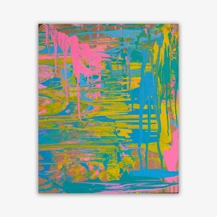 Abstract painting by artist Cheryl Chapin titled "An Experiment in Art" featuring pattern of amorphous shapes in shades of pink, yellow, blue, and green..