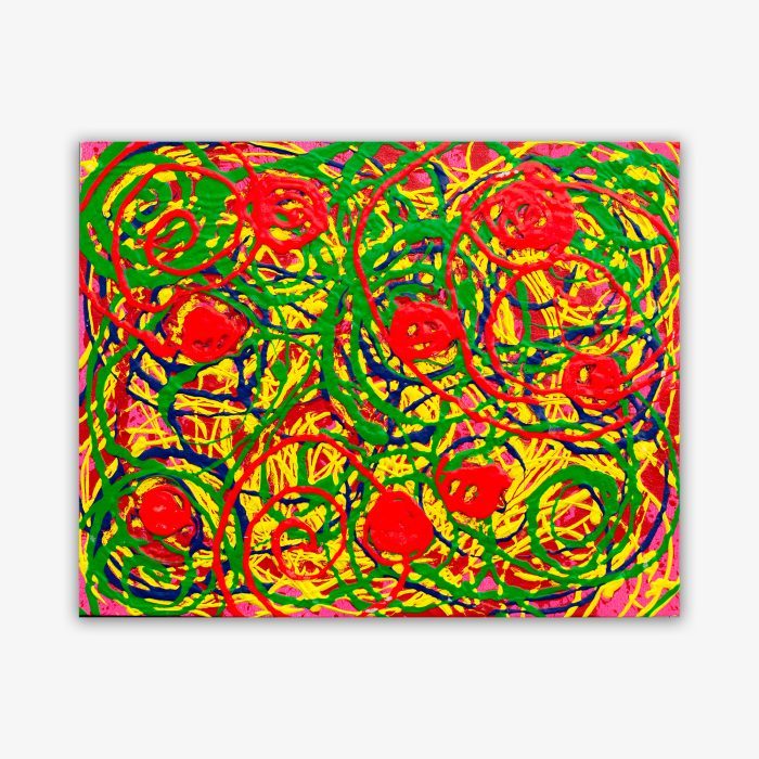 Abstract painting by artist Jessica Evans titled "A Mind Image" featuring vibrant red, green, pink, and blue spiral patterns with texture.