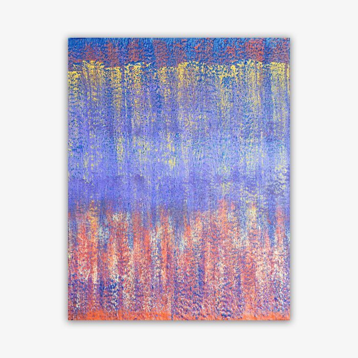 Abstract painting by artist Thomas Christian titled "Royal Fire" featuring vertical pattern in shades of blue, yellow, orange, and white.