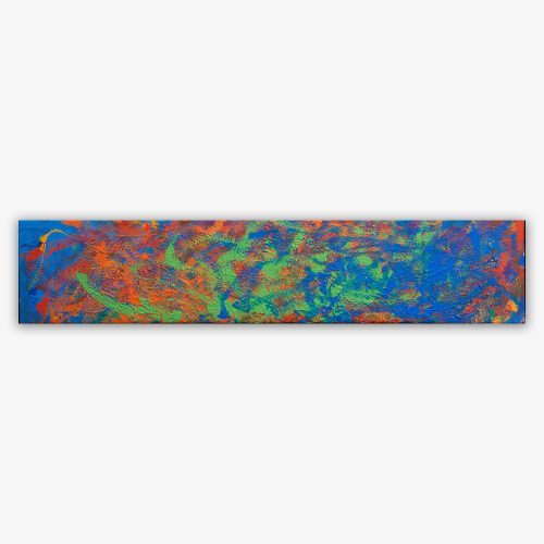 Abstract painting by artist Thomas Christian titled "The Edge of Life" featuring vibrant blue, green, orange and red pattern.