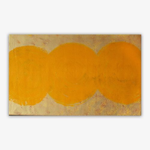 Abstract "Untitled" painting by artist Thomas Christian featuring 3 yellow spheres surrounded by a beige patterned background.