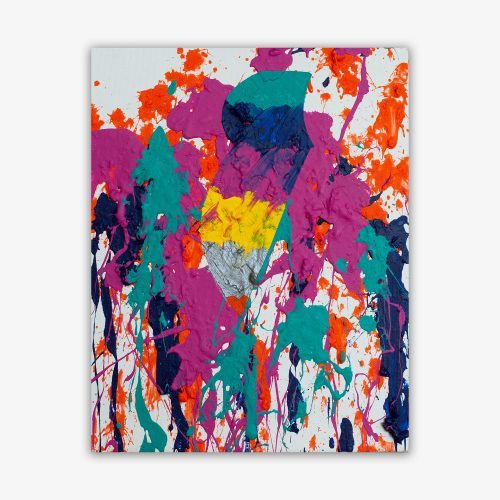 Abstract painting by artist James Lane titled "E.J." with colorful splatter paint design in shades of purple, blue, orange, red, and silver on a white background.