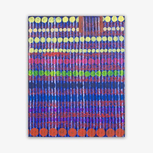 Abstract painting by artist Karen Frascella titled "Brother Home" featuring variety of repeat patterns including vertical stripes and horizontal circles in shades of blue, yellow, orange, green, and yellow.
