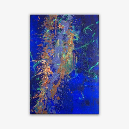 Abstract painting by artist Luis Rodriguez titled "AI" featuring shapes and pattern in shades of green, orange, and blue on a darker blue patterned background.