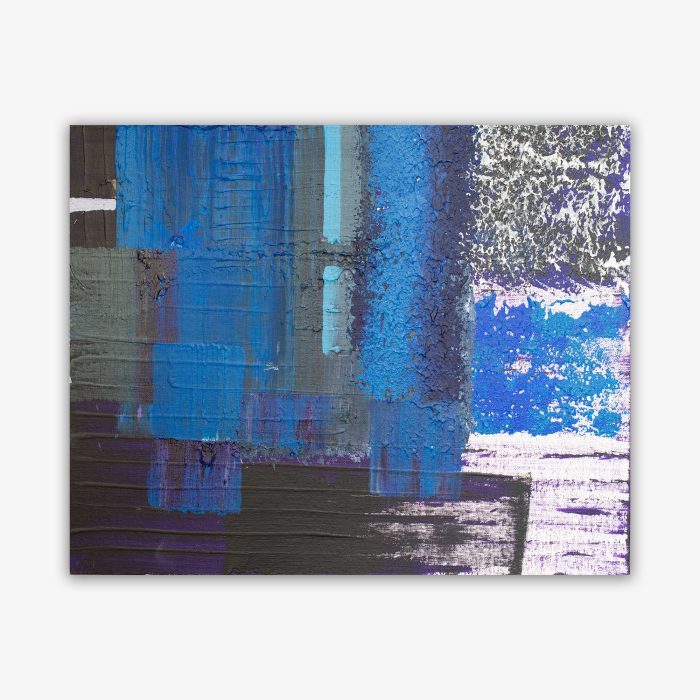 "Untitled" abstract painting by artist Mike Martin featuring overlapping geometric shapes and patterns in shades of blue, black, and white.