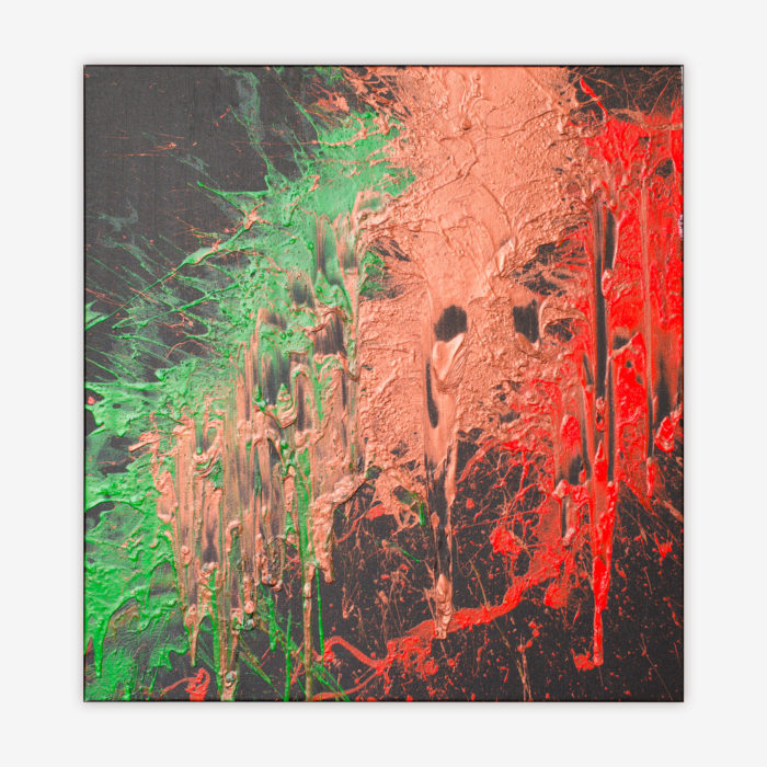 Abstract "Untitled" painting by artist Christopher Saglimbene with bold splatter and drip paint design in vibrant green, orange, and bronze against a dark background.