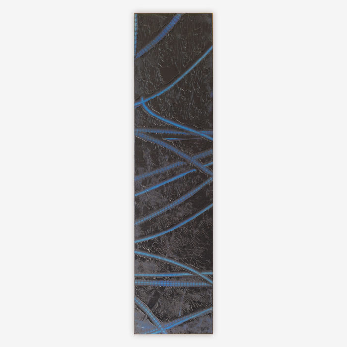"Untitled" abstract painting by artist George Bracken featuring a blue linear design on a black background.