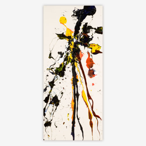 "Untitled" abstract painting by artist Jason Christie featuring yellow, red, and black splatter and drip paint design on a white background.