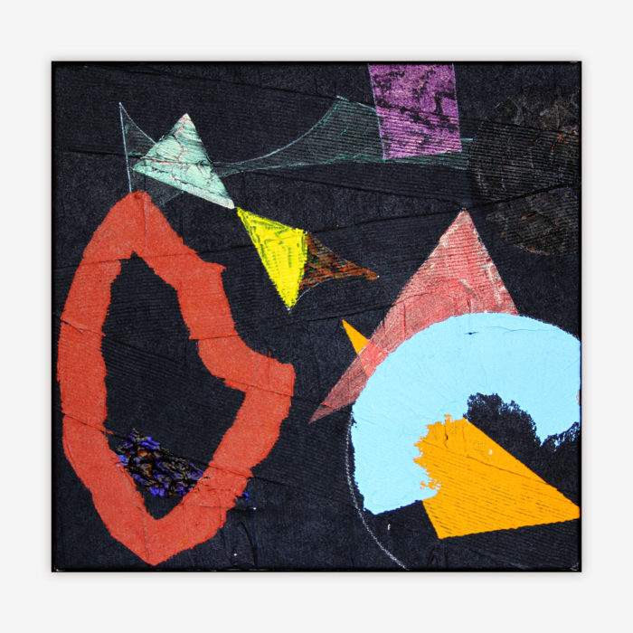 "Untitled" abstract painting by artist James Lane featuring texture and colorful shapes on a black background.