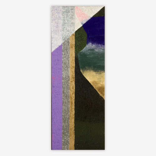 "Untitled" abstract painting by artist James Lane with geometric shapes and purple, gold, pink, grey, and black color palette.