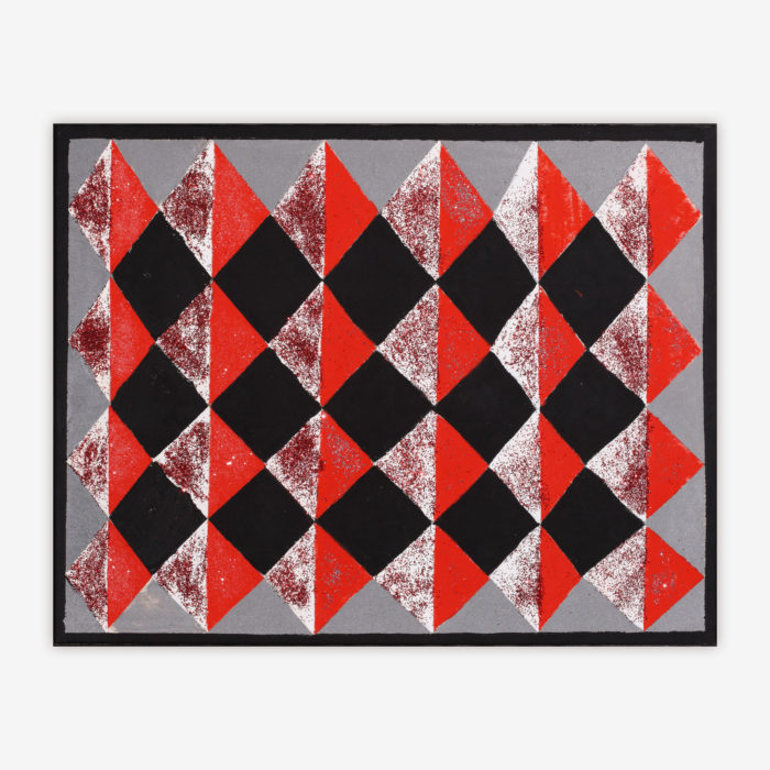 Abstract "Untitled" painting by artist Alex Stojko with repeated geometric shapes in red, black, and white on a grey background.