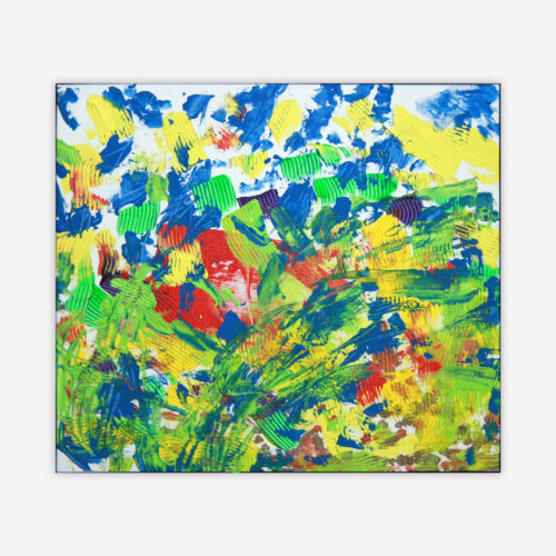 Abstract painting by artist Cheryl Chapin titled "Waterfall at Hollow Ridge" with vibrant design in shades of blue, red, green, and yellow on a white background.