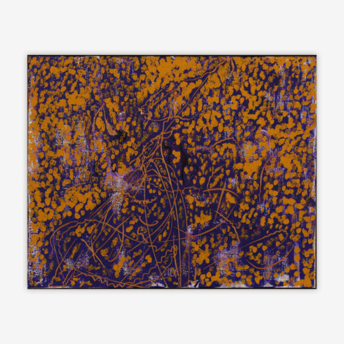 Abstract painting by artist Chet Cheesman titled "Amber" with bright raw umber design on a purple background.