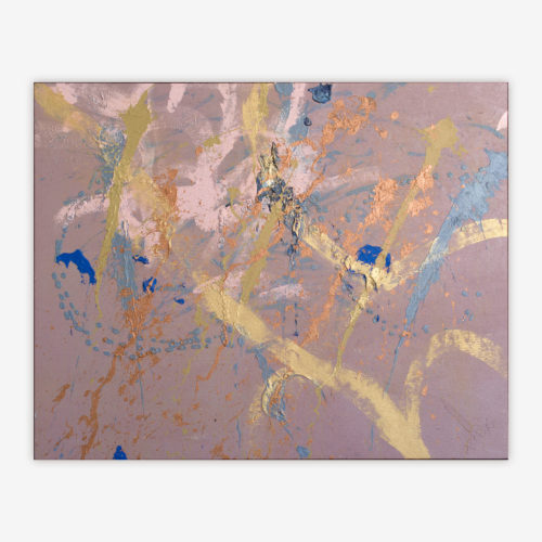 Abstract painting by artist Chet Cheesman titled "Me" with pink, blue, gold, and bronze design including splatter on a lavender background.