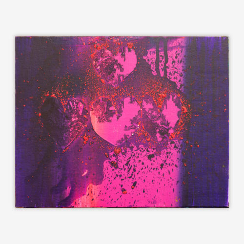 Painting by artist Chet Cheesman titled "Faith My Love Forever" with heart shapes and red splatter paint and bright pink and and blue color palette.